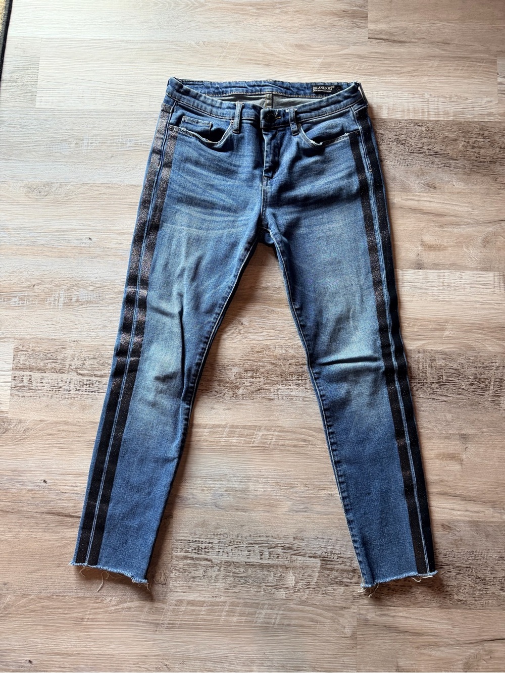 Blank NYC Blue Skinny Jeans with Black Side Stripes